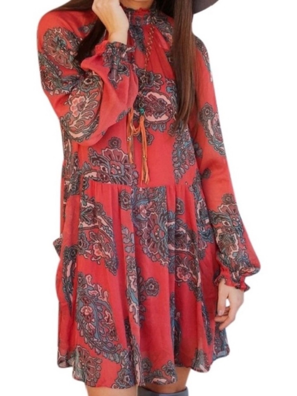 Free People Coral Paisley Long-Sleeve Mini Dress
